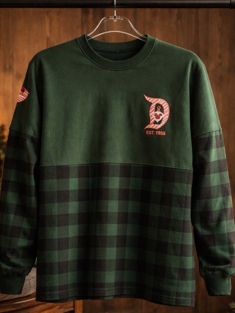 Disney Green and Black Plaid Panel spirit jersey Crewneck with Emblem